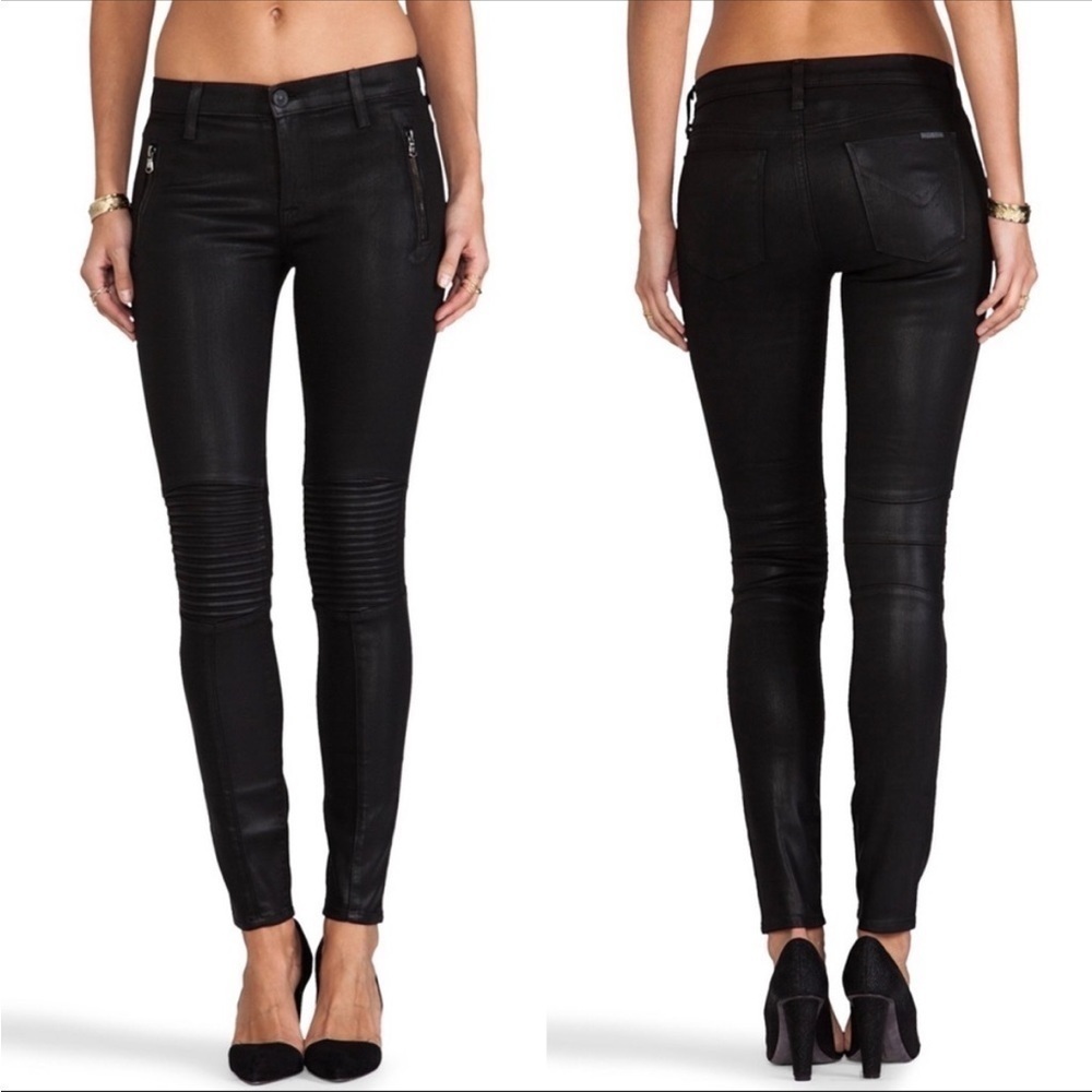 NWT Hudson Coated Stark Moto black Ribbed Knee Mid Rise skinny pants Jeans